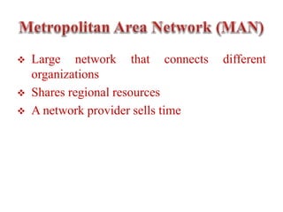  Large network that connects different
organizations
 Shares regional resources
 A network provider sells time
 