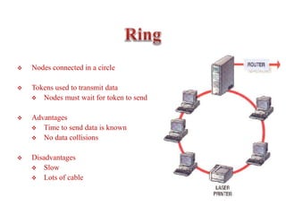  Nodes connected in a circle
 Tokens used to transmit data
 Nodes must wait for token to send
 Advantages
 Time to send data is known
 No data collisions
 Disadvantages
 Slow
 Lots of cable
 