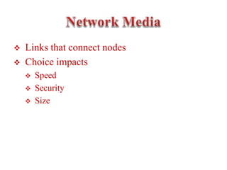  Links that connect nodes
 Choice impacts
 Speed
 Security
 Size
 