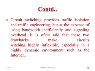  Circuit switching provides traffic isolation
and traffic engineering, but at the expense of
using bandwidth inefficiently and signaling
overhead. It is often said that these two
drawbacks make circuits
witching highly inflexible, especially in a
highly dynamic environment such as the
Internet..
14-Jun-14 ITM 3232.1 E Business 46
 