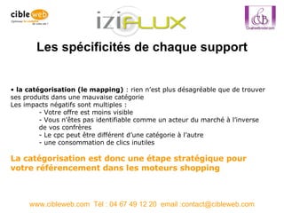 Les spécificités de chaque support www.cibleweb.com  Tél : 04 67 49 12 20  email :contact@cibleweb.com la catégorisation (le mapping)  : rien n’est plus désagréable que de trouver ses produits dans une mauvaise catégorie Les impacts négatifs sont multiples : - Votre offre est moins visible - Vous n’êtes pas identifiable comme un acteur du marché à l’inverse  de vos confrères - Le cpc peut être différent d’une catégorie à l’autre - une consommation de clics inutiles La catégorisation est donc une étape stratégique pour votre référencement dans les moteurs shopping 