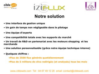 Notre solution www.cibleweb.com  Tél : 04 67 49 12 20  email :contact@cibleweb.com Une interface de gestion unique Un gain de temps non négligeable dans le pilotage  Une équipe d’experts  Une compatibilité totale avec les supports du marché  Un travail de R&D en partenariat avec les moteurs shopping  et les marchands Quelques chiffres :  Plus de 3500 flux générés quotidiennement Plus de 5 millions de clics redirigés (et analysés) tous les mois Une solution personnalisable (grâce notre équipe technique interne) 