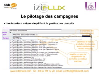 Le pilotage des campagnes www.cibleweb.com  Tél : 04 67 49 12 20  email :contact@cibleweb.com Une interface unique simplifiant la gestion des produits L’ensemble des informations est modifiable Optimiser le nom du produit en fonction des recommandations du moteur shopping Modifier un nom de catégorie afin de permettre un meilleur mapping 