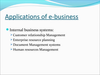 Applications of e-business
Internal business systems:
   Customer relationship Management
   Enterprise resource planning
   Document Management systems
   Human resources Management
 