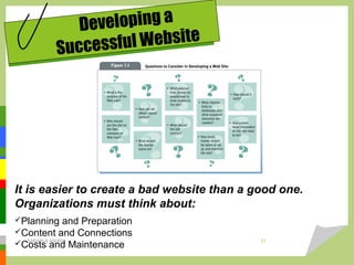 Developing a
Successful Website
It is easier to create a bad website than a good one.
Organizations must think about:
Planning and Preparation
Content and Connections
Costs and Maintenance
DARAIN & ASHISH 21
 
