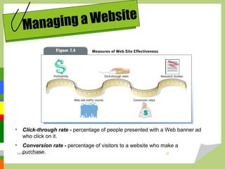 • Click-through rate - percentage of people presented with a Web banner ad
who click on it.
• Conversion rate - percentage of visitors to a website who make a
purchase.
Managing a Website
DARAIN & ASHISH 22
 