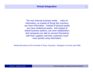 Virtual Integration                                                                 11




                            The new Internet business model … relies on
                           information, so instead of things like inventory,
                          you have information. Instead of physical assets
                             you have intellectual assets. And instead of
                          closed business systems, you have collaboration.
                           And companies are able to connect themselves
                            with their suppliers and their customers much
                                   more quickly using information.


        Michael Dell adress at The University of Texas, E-business : Strategies in net time, april 2000




J. Blomme – info@dmreview.be                         11         E-Business Integration. Enabling the Real-Time Enterprise
 