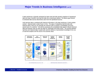 Major Trends in Business Intelligence con’d                                                                            30




                     A data warehouse is typically maintained by batch jobs that take periodic snapshots of operational
                     data and clean, transform and load the data into a warehouse solution. The latency gap inherent
                     to extracted data sources disconnects users from the operational sources.

                     Until real-time data is combined with historical information in the data warehouse, it lacks analytic
                     context. Historical data is static-frozen in time. The value of integrating real-time data with
                     historical data is that you can leverage the real-time ODS to achieve a consolidated up-to-the-
                     second view of a customer. And only by processing the consolidated data against relevant historical
                     data and business rules you gain the basis for meaningful and timely action. The synergy between
                     real-time and historical data, coupled with real-time delivery of personalized knowledge is the crux
                     of real-time analytics and the source of its business value.




J. Blomme – info@dmreview.be                                         30             E-Business Integration. Enabling the Real-Time Enterprise
 