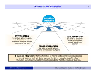 The Real-Time Enterprise                                                                  9




                                                      Real-Time
                                                      Enterprise




         INTEGRATION                                                                        COLLABORATION
     the ability to gather, integrate,
                                                                                             the ability to collaborate
          analyze and exchange
                                                                                              flexible with suppliers,
    information across the business                                                           business partners and
         value chain in real-time                                                                    customers
                                              PERSONALIZATION
                                               the ability to provide tailored
                                           customer services across touchpoints



         E-business integration : the transformation of internal and external business processes
               toward customer-centricity based upon service delivery opportunities offered by
          information and telecommunication technologies to better fulfill the mission of business.



J. Blomme – info@dmreview.be                               9           E-Business Integration. Enabling the Real-Time Enterprise
 