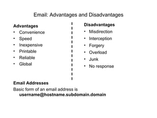 Email: Advantages and Disadvantages

Advantages                 Disadvantages
• Convenience              • Misdirection
• Speed                    • Interception
• Inexpensive              • Forgery
• Printable                • Overload
• Reliable                 • Junk
• Global
                           • No response


Email Addresses
Basic form of an email address is
  username@hostname.subdomain.domain
 
