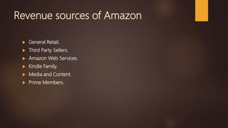 Revenue sources of Amazon
 General Retail.
 Third Party Sellers.
 Amazon Web Services.
 Kindle Family.
 Media and Content.
 Prime Members.
 