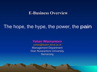 Yohan Wismantoro [email_address] Management Department Dian Nuswantoro University Semarang The hope, the hype, the power, the  pain E-Business Overview 