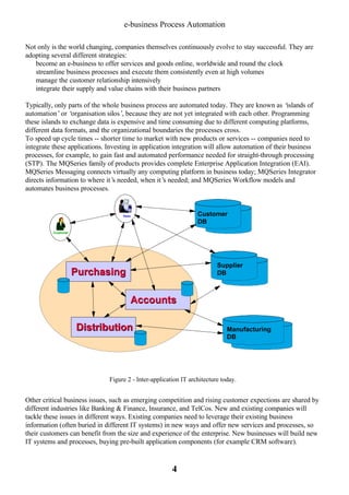 e-business Process Automation
Not only is the world changing, companies themselves continuously evolve to stay successful. They are
adopting several different strategies:
Ÿ become an e-business to offer services and goods online, worldwide and round the clock
Ÿ streamline business processes and execute them consistently even at high volumes
Ÿ manage the customer relationship intensively
Ÿ integrate their supply and value chains with their business partners
Typically, only parts of the whole business process are automated today. They are known as ‘
islands of
automation’or ‘
organisation silos’ because they are not yet integrated with each other. Programming
,
these islands to exchange data is expensive and time consuming due to different computing platforms,
different data formats, and the organizational boundaries the processes cross.
To speed up cycle times -- shorter time to market with new products or services -- companies need to
integrate these applications. Investing in application integration will allow automation of their business
processes, for example, to gain fast and automated performance needed for straight-through processing
(STP). The MQSeries family of products provides complete Enterprise Application Integration (EAI).
MQSeries Messaging connects virtually any computing platform in business today; MQSeries Integrator
directs information to where it’ needed, when it’ needed; and MQSeries Workflow models and
s
s
automates business processes.

Customer
DB

Sales

Customer

Supplier
DB

Purchasing
Accounts
Distribution

Manufacturing
DB

Figure 2 - Inter-application IT architecture today.

Other critical business issues, such as emerging competition and rising customer expections are shared by
different industries like Banking & Finance, Insurance, and TelCos. New and existing companies will
tackle these issues in different ways. Existing companies need to leverage their existing business
information (often buried in different IT systems) in new ways and offer new services and processes, so
their customers can benefit from the size and experience of the enterprise. New businesses will build new
IT systems and processes, buying pre-built application components (for example CRM software).

4

 