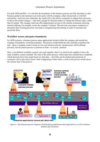 e-business Process Automation
For both, B2B and B2C, it is vital that the boundaries of the business process are fully described, so that
business partners and customers can work easily with the company, either interactively or with full
automation. And even more important, the explicit flow also allows companies to change their processes
as fast as the market changes -- and easily enough for decision makers to change the business rules, rather
than IT people. The company itself can offer departmental services to the internal community allowing
internal ordering, for example, across the company’ intranet. This not only encourages companies to
s
document their existing processes, but leads to reengineering and refining in order to automate and
accelerate them.

Workflow across enterprise boundaries
In a B2B scenario, a business process spans applications located within the company and outside the
company’ boundaries, at business partners. The process model holds the rules and data to perform the
s
task. Since a company wants to keep its own core business private, sub-processes will be defined
privately, but the parent process is common to both - or several - partners.
Here, even different workflow systems can work together: there’ no need for the supplier to have the
s
same workflow system installed. The state of the entire process, which steps have already been completed,
which decisions have been made based on what data -- all of this can be tracked and monitored. If
customers call in and want to know what is happening to their orders, a look at the process model shows
the current state of the process.

Figure 4 - The business process integrates all participating applications and organisations, as well as business
partners and consumers.

8

 