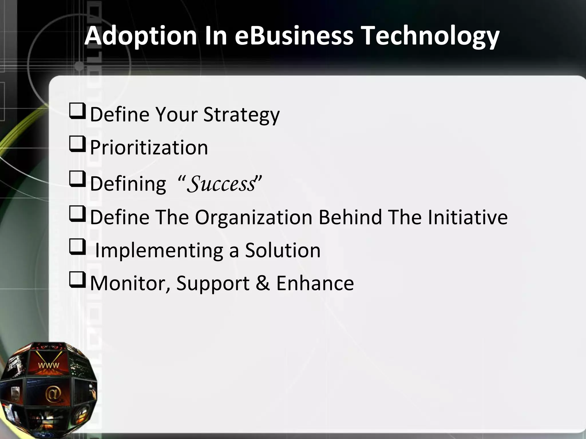 Adoption In eBusiness Technology
Define Your Strategy
Prioritization
Defining “Success”
Define The Organization Behind The Initiative
Implementing a Solution
Monitor, Support & Enhance