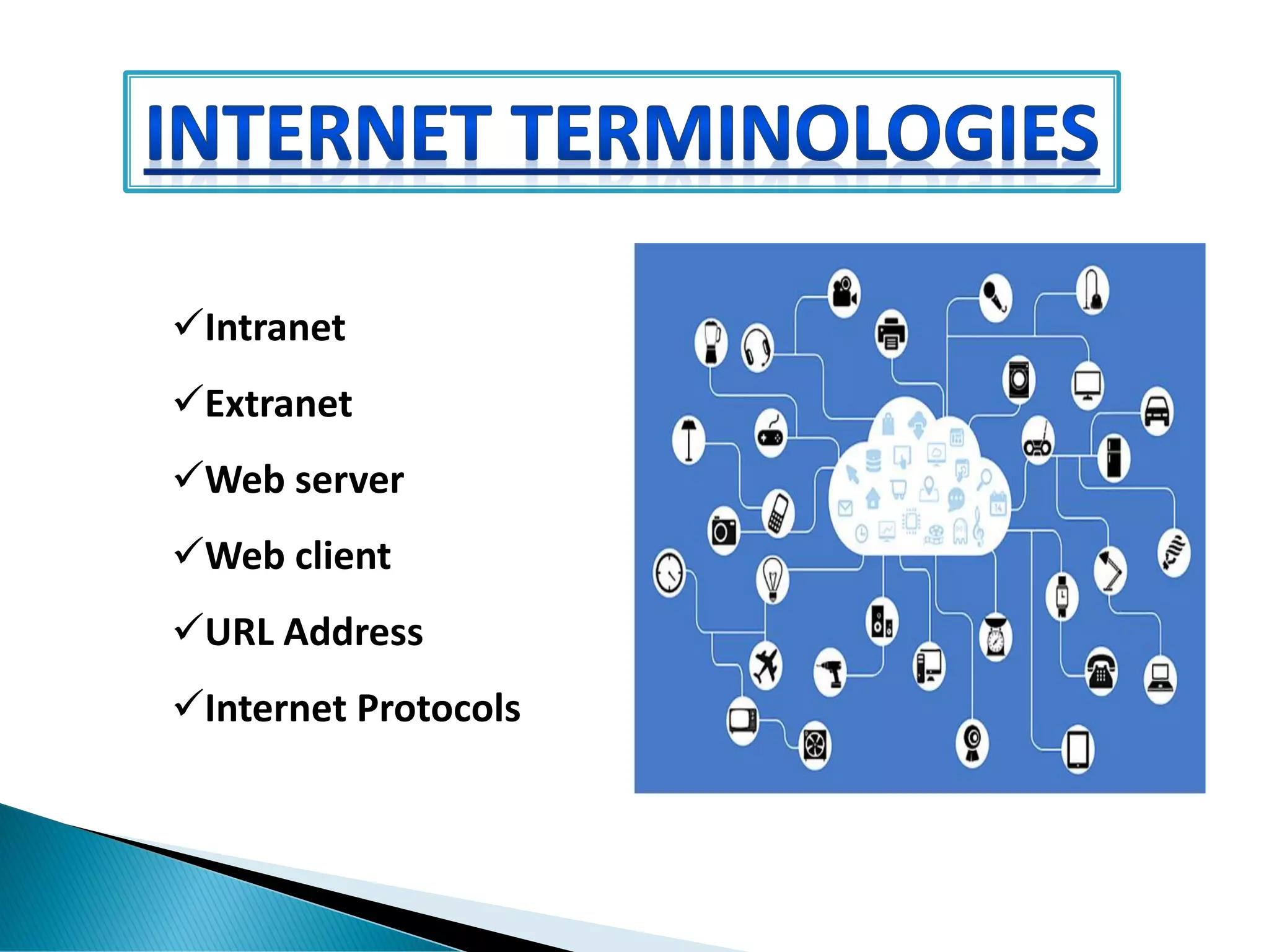 ✓Intranet
✓Extranet
✓Web server
✓Web client
✓URL Address
✓Internet Protocols
 