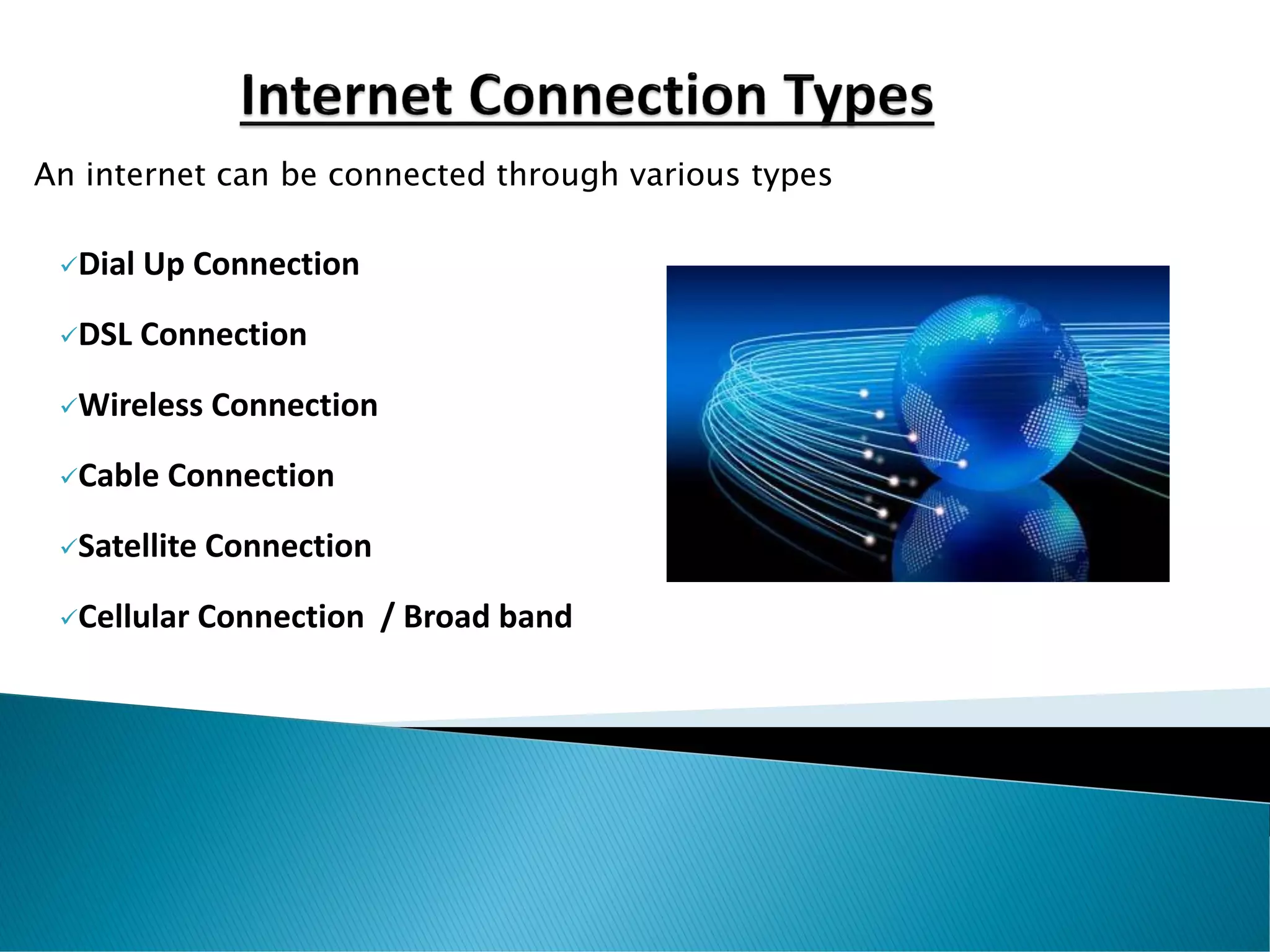 ✓Dial Up Connection
✓DSL Connection
✓Wireless Connection
✓Cable Connection
✓Satellite Connection
✓Cellular Connection / Broad band
An internet can be connected through various types
 
