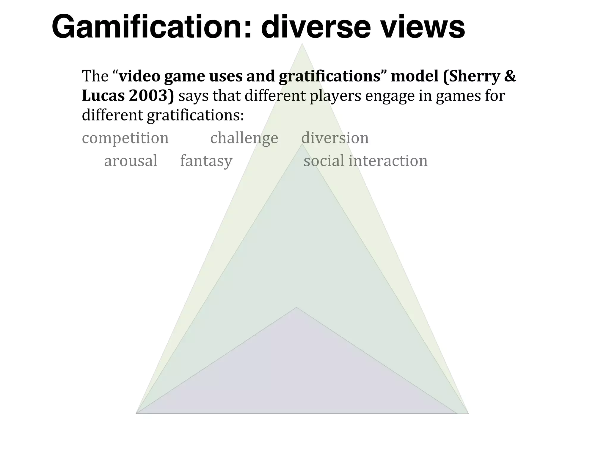 The	
  “video	
  game	
  uses	
  and	
  gratifications”	
  model	
  (Sherry	
  &	
  
Lucas	
  2003)	
  says	
  that	
  different	
  players	
  engage	
  in	
  games	
  for	
  
different	
  gratifications:	
  
competition	
  	
  	
  	
  	
  	
  	
  	
  	
  	
  	
  challenge	
  	
  	
  	
  	
  	
  diversion
	
  	
  	
  	
  	
  	
  arousal	
  	
  	
  	
  	
  	
  fantasy	
  	
  	
  	
  	
  	
  	
  	
  	
  	
  	
  	
  	
  	
  	
  	
  	
  	
  	
  social	
  interaction
Gamification: diverse views
 