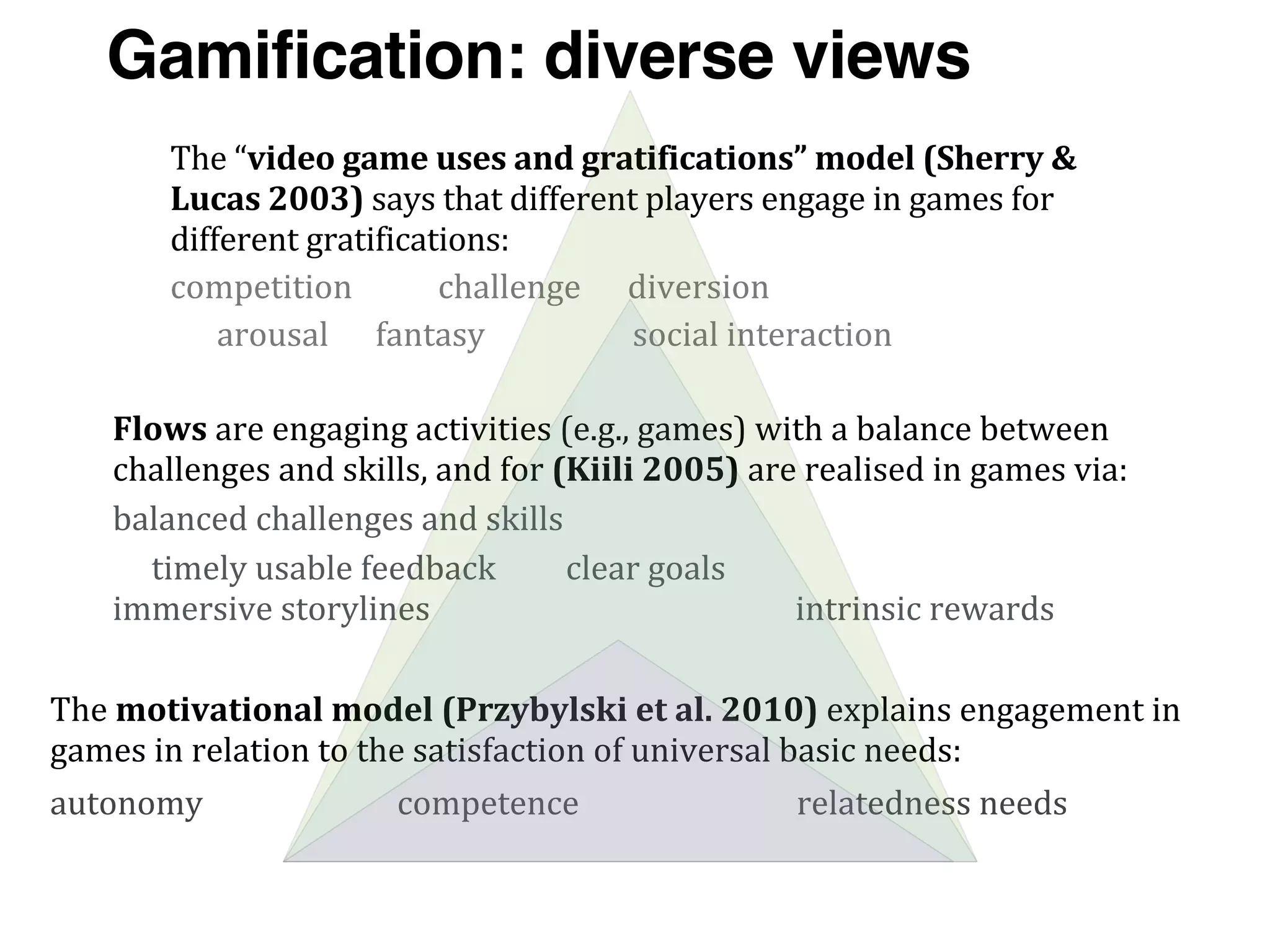 The	
  motivational	
  model	
  (Przybylski	
  et	
  al.	
  2010)	
  explains	
  engagement	
  in	
  
games	
  in	
  relation	
  to	
  the	
  satisfaction	
  of	
  universal	
  basic	
  needs:
autonomy	
  	
  	
  	
  	
  	
  	
  	
  	
  	
  	
  	
  	
  	
  	
  	
  	
  	
  	
  	
  	
  	
  	
  	
  	
  competence	
  	
  	
  	
  	
  	
  	
  	
  	
  	
  	
  	
  	
  	
  	
  	
  	
  	
  	
  	
  	
  	
  	
  	
  	
  	
  	
  	
  relatedness	
  needs
Flows	
  are	
  engaging	
  activities	
  (e.g.,	
  games)	
  with	
  a	
  balance	
  between	
  
challenges	
  and	
  skills,	
  and	
  for	
  (Kiili	
  2005)	
  are	
  realised	
  in	
  games	
  via:
balanced	
  challenges	
  and	
  skills
	
  	
  	
  	
  	
  timely	
  usable	
  feedback	
  	
  	
  	
  	
  	
  	
  	
  	
  clear	
  goals	
  	
  	
  	
  	
  	
  	
  	
  	
  	
  	
  	
  	
  	
  	
  	
  	
  	
  	
  	
  	
  	
  	
  	
  	
  	
  	
  	
  	
  	
  	
  	
  	
  	
  	
  	
  	
  
immersive	
  storylines	
  	
  	
  	
  	
  	
  	
  	
  	
  	
  	
  	
  	
  	
  	
  	
  	
  	
  	
  	
  	
  	
  	
  	
  	
  	
  	
  	
  	
  	
  	
  	
  	
  	
  	
  	
  	
  	
  	
  	
  	
  	
  	
  	
  	
  	
  	
  intrinsic	
  rewards
The	
  “video	
  game	
  uses	
  and	
  gratifications”	
  model	
  (Sherry	
  &	
  
Lucas	
  2003)	
  says	
  that	
  different	
  players	
  engage	
  in	
  games	
  for	
  
different	
  gratifications:	
  
competition	
  	
  	
  	
  	
  	
  	
  	
  	
  	
  	
  challenge	
  	
  	
  	
  	
  	
  diversion
	
  	
  	
  	
  	
  	
  arousal	
  	
  	
  	
  	
  	
  fantasy	
  	
  	
  	
  	
  	
  	
  	
  	
  	
  	
  	
  	
  	
  	
  	
  	
  	
  	
  social	
  interaction
Gamification: diverse views
 