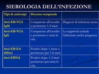 SIEROLOGIA DELL’INFEZIONE  Decorso temporale Tipi di anticorpi Positivi dopo 1-2 mesi persistono per tutta la vita Anti-EBNA Positivi dopo 1 mese e persistono per 3-6 mesi Anti-EB-EA diffusi La negatività esclude l’infezione anche pregressa Compaiono all’esordio e persistono x tutta la vita Anti-EB-VCA IgG Diagnosi di infezione acuta Compaiono all’esordio e persistono 1-2 mesi Anti-EB-VCA IgM 