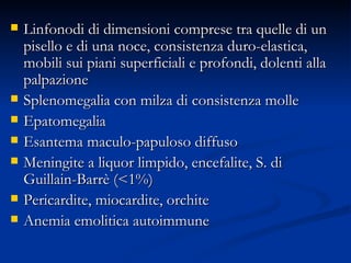 Linfonodi di dimensioni comprese tra quelle di un pisello e di una noce, consistenza duro-elastica, mobili sui piani superficiali e profondi, dolenti alla palpazione Splenomegalia con milza di consistenza molle Epatomegalia Esantema maculo-papuloso diffuso Meningite a liquor limpido, encefalite, S. di Guillain-Barrè (<1%) Pericardite, miocardite, orchite Anemia emolitica autoimmune 