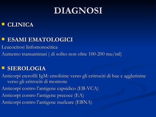 DIAGNOSI CLINICA ESAMI EMATOLOGICI Leucocitosi linfomonocitica Aumento transaminasi ( di solito non oltre 100-200 mu/ml) SIEROLOGIA Anticorpi eterofili IgM: emolisine verso gli eritrociti di bue e agglutinine verso gli eritrociti di montone Anticorpi contro l’antigene capsidico (EB-VCA)  Anticorpi contro l’antigene precoce (EA)  Anticorpi contro l’antigene nucleare (EBNA) 