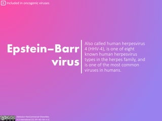 Epstein–Barr
virus
Also called human herpesvirus
4 (HHV-4), is one of eight
known human herpesvirus
types in the herpes family, and
is one of the most common
viruses in humans.
Included in oncogenic viruses
Attribution-NonCommercial-ShareAlike
4.0 International (CC BY-NC-SA 4.0)
 