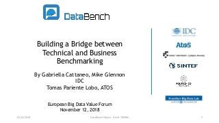 Building a Bridge between
Technical and Business
Benchmarking
By Gabriella Cattaneo, Mike Glennon
IDC
Tomas Pariente Lobo, ATOS
European Big Data Value Forum
November 12, 2018
12/12/2018 DataBench Project - GA Nr 780966 1
 