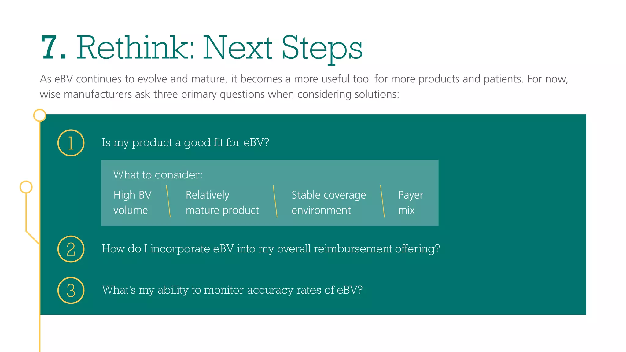 7. Rethink: Next Steps
As eBV continues to evolve and mature, it becomes a more useful tool for more products and patients. For now,
wise manufacturers ask three primary questions when considering solutions:
1 Is my product a good fit for eBV?
2 How do I incorporate eBV into my overall reimbursement offering?
3 What’s my ability to monitor accuracy rates of eBV?
What to consider:
High BV
volume
Relatively
mature product
Stable coverage
environment
Payer
mix
 