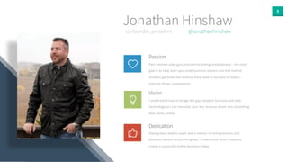 3 
Jonathan Hinshaw 
co-founder, president @jonathanhinshaw 
Passion 
Part 
Internet 
sales 
guru 
and 
part 
branding 
revolu0onary 
– 
my 
main 
goal 
is 
to 
help 
start-­‐ups, 
small 
business 
owners 
and 
mid-­‐market 
retailers 
generate 
the 
revenue 
they 
need 
to 
succeed 
in 
today's 
Internet 
driven 
marketplace. 
Vision 
I 
understand 
how 
to 
bridge 
the 
gap 
between 
business 
and 
web 
technology 
so 
I 
can 
translate 
your 
key 
revenue 
driver 
into 
something 
that 
works 
online. 
Dedication 
Having 
been 
both 
a 
coach 
and 
a 
mentor 
to 
entrepreneurs 
and 
business 
owners 
across 
the 
globe, 
I 
understand 
what 
it 
takes 
to 
create 
a 
successful 
online 
business 
today. 
 