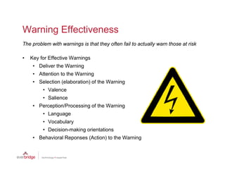 Warning Effectiveness
The problem with warnings is that they often fail to actually warn those at risk

•   Key for Effective Warnings
     • Deliver the Warning
                              g
     • Attention to the Warning
     • Selection (elaboration) of the Warning
         • Valence
         • Salience
     • Perception/Processing of the Warning
         • Language
         • V
           Vocabulary
               b l
         • Decision-making orientations
     • Behavioral Reponses (Action) to the Warning
 