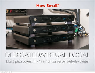 DEDICATED/VIRTUAL LOCAL
Like 3 pizza boxes... my “mini” virtual server web-dev cluster
How Small?
Saturday, June 15, 13
 