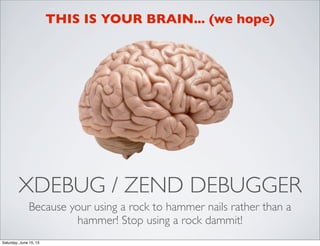 XDEBUG / ZEND DEBUGGER
Because your using a rock to hammer nails rather than a
hammer! Stop using a rock dammit!
THIS IS YOUR BRAIN... (we hope)
Saturday, June 15, 13
 