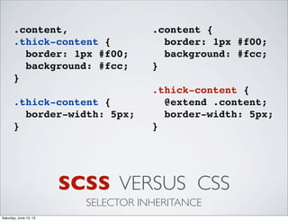 SCSS VERSUS CSS
SELECTOR INHERITANCE
.content {
border: 1px #f00;
background: #fcc;
}
.thick-content {
@extend .content;
border-width: 5px;
}
.content,
.thick-content {
border: 1px #f00;
background: #fcc;
}
.thick-content {
border-width: 5px;
}
Saturday, June 15, 13
 