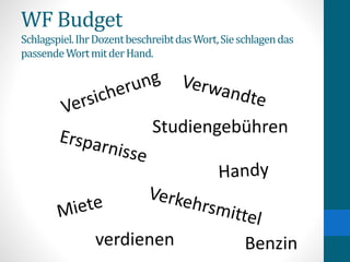WF Budget
Schlagspiel.IhrDozentbeschreibtdasWort,Sieschlagendas
passendeWortmitderHand.
Studiengebühren
verdienen Benzin
 