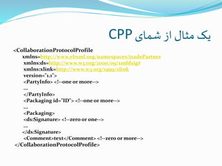 ‫شمای‬ ‫از‬‫مثال‬ ‫یک‬CPP
<CollaborationProtocolProfile
xmlns=http://www.ebxml.org/namespaces/tradePartner
xmlns:ds=http://www.w3.org/2000/09/xmldsig#
xmlns:xlink=http://www.w3.org/1999/xlink
version="1.1">
<PartyInfo> <!--one or more-->
...
</PartyInfo>
<Packaging id="ID"> <!--one or more-->
...
<Packaging>
<ds:Signature> <!--zero or one-->
...
</ds:Signature>
<Comment>text</Comment> <!--zero or more-->
</CollaborationProtocolProfile>
 
