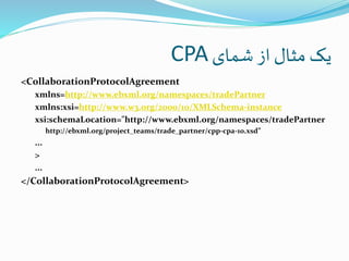 ‫شمای‬ ‫از‬‫مثال‬ ‫یک‬CPA
<CollaborationProtocolAgreement
xmlns=http://www.ebxml.org/namespaces/tradePartner
xmlns:xsi=http://www.w3.org/2000/10/XMLSchema-instance
xsi:schemaLocation="http://www.ebxml.org/namespaces/tradePartner
http://ebxml.org/project_teams/trade_partner/cpp-cpa-10.xsd”
...
>
...
</CollaborationProtocolAgreement>
 