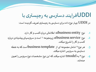 ‫با‬‫ی‬‫جیستر‬‫ر‬ ‫به‬ ‫ی‬ ‫دسترس‬‫ایند‬‫ر‬‫ف‬UDDI
‫در‬UDDI‫است‬‫گردیده‬‫تعریف‬‫ی‬‫جیستر‬‫ر‬‫به‬‫ی‬ ‫دسترس‬‫ای‬‫ر‬‫ب‬‫داده‬ ‫نوع‬‫چهار‬:
.1‫نوع‬business entity‫د‬‫ر‬‫دا‬‫کار‬‫و‬‫کسب‬‫ه‬‫ر‬‫با‬‫ر‬‫د‬‫اطالعاتی‬ ‫که‬.
.2‫نوع‬business service‫یرمجوعه‬‫ز‬ ‫که‬۱‫ه‬‫ر‬‫با‬‫ر‬‫د‬‫پیشنهادی‬‫یسهای‬‫و‬‫سر‬‫و‬‫است‬
‫میکند‬‫تشریح‬‫ا‬‫ر‬‫کار‬‫و‬‫کسب‬.
.3‫نوع‬‫هر‬۲‫از‬‫ای‬‫مجموعه‬ ‫شامل‬business template‫نقطه‬ ‫به‬ ‫که‬‫است‬
‫میکند‬‫ه‬‫ر‬‫اشا‬‫یس‬‫و‬‫سر‬‫به‬‫ی‬ ‫دسترس‬.
.4‫نوع‬۳‫به‬tmodel‫تعیین‬‫ا‬‫ر‬‫یس‬‫و‬‫سر‬‫نوع‬‫مشخصات‬ ‫نوع‬‫این‬ ‫که‬ ‫میکند‬‫ه‬‫ر‬‫اشا‬
‫مینماید‬.
 
