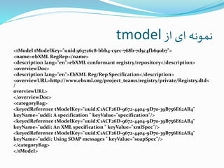 ‫از‬ ‫ای‬ ‫نمونه‬tmodel
<tModel tModelKey="uuid:563726c8-bbb4-c5ec-768b-7d5c4fb690b7">
<name>ebXML RegRep</name>
<description lang="en">ebXML conformant registry/repository</description>
<overviewDoc>
<description lang="en">EbXML Reg/Rep Specification</description>
<overviewURL>http://www.ebxml.org/project_teams/registry/private/Registry.dtd<
/
overviewURL>
</overviewDoc>
<categoryBag>
<keyedReference tModelKey="uuid:C1ACF26D-9672-4404-9D70-39B756E62AB4"
keyName="uddi: A specification " keyValue="specification"/>
<keyedReference tModelKey="uuid:C1ACF26D-9672-4404-9D70-39B756E62AB4"
keyName="uddi: An XML specification " keyValue="xmlSpec"/>
<keyedReference tModelKey="uuid:C1ACF26D-9672-4404-9D70-39B756E62AB4"
keyName="uddi: Using SOAP messages " keyValue="soapSpec"/>
</categoryBag>
</tModel>
 