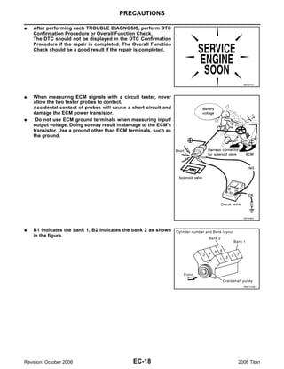 PRECAUTIONS

G   After performing each TROUBLE DIAGNOSIS, perform DTC
    Confirmation Procedure or Overall Function Check.
    The DTC should not be displayed in the DTC Confirmation
    Procedure if the repair is completed. The Overall Function
    Check should be a good result if the repair is completed.




                                                                    SEF217U




G   When measuring ECM signals with a circuit tester, never
    allow the two tester probes to contact.
    Accidental contact of probes will cause a short circuit and
    damage the ECM power transistor.
G    Do not use ECM ground terminals when measuring input/
    output voltage. Doing so may result in damage to the ECM's
    transistor. Use a ground other than ECM terminals, such as
    the ground.




                                                                    SEF348N




G   B1 indicates the bank 1, B2 indicates the bank 2 as shown
    in the figure.




                                                                    PBIB1144E




Revision: October 2006                        EC-18               2006 Titan
 