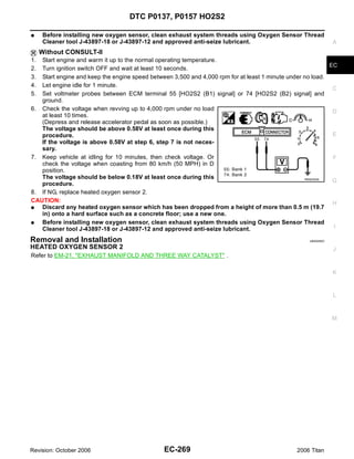 DTC P0137, P0157 HO2S2

G    Before installing new oxygen sensor, clean exhaust system threads using Oxygen Sensor Thread
     Cleaner tool J-43897-18 or J-43897-12 and approved anti-seize lubricant.                                  A
     Without CONSULT-II
1. Start engine and warm it up to the normal operating temperature.
                                                                                                            EC
2. Turn ignition switch OFF and wait at least 10 seconds.
3. Start engine and keep the engine speed between 3,500 and 4,000 rpm for at least 1 minute under no load.
4. Let engine idle for 1 minute.
                                                                                                             C
5. Set voltmeter probes between ECM terminal 55 [HO2S2 (B1) signal] or 74 [HO2S2 (B2) signal] and
   ground.
6. Check the voltage when revving up to 4,000 rpm under no load                                              D
   at least 10 times.
   (Depress and release accelerator pedal as soon as possible.)
   The voltage should be above 0.58V at least once during this
   procedure.                                                                                                E
   If the voltage is above 0.58V at step 6, step 7 is not neces-
   sary.
7. Keep vehicle at idling for 10 minutes, then check voltage. Or                                             F
   check the voltage when coasting from 80 km/h (50 MPH) in D
   position.
   The voltage should be below 0.18V at least once during this                                    PBIB2054E
                                                                                                             G
   procedure.
8. If NG, replace heated oxygen sensor 2.
CAUTION:                                                                                                     H
G  Discard any heated oxygen sensor which has been dropped from a height of more than 0.5 m (19.7
   in) onto a hard surface such as a concrete floor; use a new one.
G  Before installing new oxygen sensor, clean exhaust system threads using Oxygen Sensor Thread
   Cleaner tool J-43897-18 or J-43897-12 and approved anti-seize lubricant.                                  I

Removal and Installation                                                                            UBS00NE2

HEATED OXYGEN SENSOR 2                                                                                         J
Refer to EM-21, "EXHAUST MANIFOLD AND THREE WAY CATALYST" .

                                                                                                               K


                                                                                                               L



                                                                                                               M




Revision: October 2006                         EC-269                                          2006 Titan
 