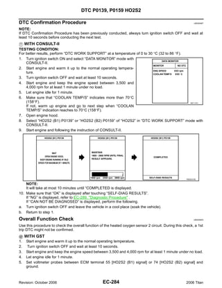 DTC P0139, P0159 HO2S2

DTC Confirmation Procedure                                                                                   UBS00NEF


NOTE:
If DTC Confirmation Procedure has been previously conducted, always turn ignition switch OFF and wait at
least 10 seconds before conducting the next test.
     WITH CONSULT-II
TESTING CONDITION:
For better results, perform “DTC WORK SUPPORT” at a temperature of 0 to 30 °C (32 to 86 °F).
1. Turn ignition switch ON and select “DATA MONITOR” mode with
    CONSULT-II.
2. Start engine and warm it up to the normal operating tempera-
    ture.
3. Turn ignition switch OFF and wait at least 10 seconds.
4. Start engine and keep the engine speed between 3,500 and
    4,000 rpm for at least 1 minute under no load.
5. Let engine idle for 1 minute.
6. Make sure that “COOLAN TEMP/S” indicates more than 70°C
    (158°F).                                                                                 SEF174Y
    If not, warm up engine and go to next step when “COOLAN
    TEMP/S” indication reaches to 70°C (158°F).
7. Open engine hood.
8. Select “HO2S2 (B1) P0139” or “HO2S2 (B2) P0159” of “HO2S2” in “DTC WORK SUPPORT” mode with
    CONSULT-II.
9. Start engine and following the instruction of CONSULT-II.




                                                                                                      PBIB2374E

    NOTE:
    It will take at most 10 minutes until “COMPLETED is displayed.
10. Make sure that “OK” is displayed after touching “SELF-DIAG RESULTS”.
    If “NG” is displayed, refer to EC-289, "Diagnostic Procedure" .
    If “CAN NOT BE DIAGNOSED” is displayed, perform the following.
a. Turn ignition switch OFF and leave the vehicle in a cool place (soak the vehicle).
b. Return to step 1.
Overall Function Check                                                                                      UBS00NEG


Use this procedure to check the overall function of the heated oxygen sensor 2 circuit. During this check, a 1st
trip DTC might not be confirmed.
     WITH GST
1.   Start engine and warm it up to the normal operating temperature.
2.   Turn ignition switch OFF and wait at least 10 seconds.
3.   Start engine and keep the engine speed between 3,500 and 4,000 rpm for at least 1 minute under no load.
4.   Let engine idle for 1 minute.
5.   Set voltmeter probes between ECM terminal 55 [HO2S2 (B1) signal] or 74 [HO2S2 (B2) signal] and
     ground.



Revision: October 2006                             EC-284                                            2006 Titan
 