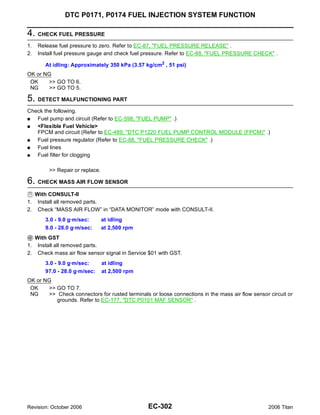 DTC P0171, P0174 FUEL INJECTION SYSTEM FUNCTION

4. CHECK FUEL PRESSURE
1.    Release fuel pressure to zero. Refer to EC-87, "FUEL PRESSURE RELEASE" .
2.    Install fuel pressure gauge and check fuel pressure. Refer to EC-88, "FUEL PRESSURE CHECK" .

         At idling: Approximately 350 kPa (3.57 kg/cm2 , 51 psi)
OK or NG
 OK    >> GO TO 6.
 NG    >> GO TO 5.

5. DETECT MALFUNCTIONING PART
Check the following.
G  Fuel pump and circuit (Refer to EC-598, "FUEL PUMP" .)
G  <Flexible Fuel Vehicle>
   FPCM and circuit (Refer to EC-489, "DTC P1220 FUEL PUMP CONTROL MODULE (FPCM)" .)
G  Fuel pressure regulator (Refer to EC-88, "FUEL PRESSURE CHECK" .)
G  Fuel lines
G  Fuel filter for clogging

          >> Repair or replace.

6. CHECK MASS AIR FLOW SENSOR
   With CONSULT-II
1. Install all removed parts.
2. Check “MASS AIR FLOW” in “DATA MONITOR” mode with CONSULT-II.
         3.0 - 9.0 g·m/sec:       at idling
         9.0 - 28.0 g·m/sec:      at 2,500 rpm
     With GST
1.    Install all removed parts.
2.    Check mass air flow sensor signal in Service $01 with GST.
         3.0 - 9.0 g·m/sec:       at idling
         97.0 - 28.0 g·m/sec:     at 2,500 rpm
OK or NG
 OK    >> GO TO 7.
 NG    >> Check connectors for rusted terminals or loose connections in the mass air flow sensor circuit or
          grounds. Refer to EC-177, "DTC P0101 MAF SENSOR" .




Revision: October 2006                            EC-302                                         2006 Titan
 