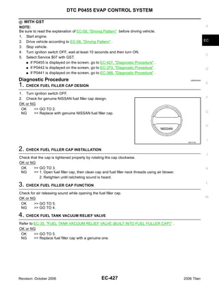 DTC P0455 EVAP CONTROL SYSTEM

   WITH GST
NOTE:                                                                                                              A
Be sure to read the explanation of EC-58, "Driving Pattern" before driving vehicle.
1. Start engine.
2. Drive vehicle according to EC-58, "Driving Pattern" .                                                           EC
3. Stop vehicle.
4. Turn ignition switch OFF, wait at least 10 seconds and then turn ON.
                                                                                                                   C
5. Select Service $07 with GST.
    G If P0455 is displayed on the screen, go to EC-427, "Diagnostic Procedure" .

    G If P0442 is displayed on the screen, go to EC-373, "Diagnostic Procedure" .                                  D
    G If P0441 is displayed on the screen, go to EC-368, "Diagnostic Procedure" .

Diagnostic Procedure                                                                                    UBS00NHW
                                                                                                                   E
1. CHECK FUEL FILLER CAP DESIGN
1. Turn ignition switch OFF.
2. Check for genuine NISSAN fuel filler cap design.                                                                F
OK or NG
 OK    >> GO TO 2.
 NG    >> Replace with genuine NISSAN fuel filler cap.                                                             G


                                                                                                                   H



                                                                                                                    I
                                                                                                      SEF915U



2. CHECK FUEL FILLER CAP INSTALLATION
                                                                                                                   J
Check that the cap is tightened properly by rotating the cap clockwise.
OK or NG
 OK     >> GO TO 3.                                                                                                K
 NG     >> 1. Open fuel filler cap, then clean cap and fuel filler neck threads using air blower.
            2. Retighten until ratcheting sound is heard.
                                                                                                                   L
3. CHECK FUEL FILLER CAP FUNCTION
Check for air releasing sound while opening the fuel filler cap.
OK or NG                                                                                                           M
 OK     >> GO TO 5.
 NG     >> GO TO 4.

4. CHECK FUEL TANK VACUUM RELIEF VALVE
Refer to EC-35, "FUEL TANK VACUUM RELIEF VALVE (BUILT INTO FUEL FULLER CAP)" .
OK or NG
 OK      >> GO TO 5.
 NG      >> Replace fuel filler cap with a genuine one.




Revision: October 2006                             EC-427                                           2006 Titan
 