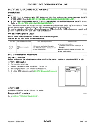 DTC P1212 TCS COMMUNICATION LINE

DTC P1212 TCS COMMUNICATION LINE                                                                                               PFP:47850

Description                                                                                                                         UBS00NJQ


NOTE:
G   If DTC P1212 is displayed with DTC U1000 or U1001, first perform the trouble diagnosis for DTC
    U1000, U1001. Refer to EC-157, "DTC U1000, U1001 CAN COMMUNICATION LINE" .
G   If DTC P1212 is displayed with DTC U1010, first perform the trouble diagnosis for DTC U1010.
    Refer to EC-160, "DTC U1010 CAN COMMUNICATION" .
This CAN communication line is used to control the smooth engine operation during the TCS operation. Pulse
signals are exchanged between ECM and “ABS actuator and electric unit (control unit)”.
Be sure to erase the malfunction information such as DTC not only for “ABS actuator and electric unit
(control unit)” but also for ECM after TCS related repair.
On Board Diagnosis Logic                                                                                                            UBS00NJR


Freeze frame data is not stored in the ECM for this self-diagnosis.
The MIL will not light up for this self-diagnosis.
     DTC No.   Trouble diagnosis name           DTC detecting condition                                 Possible cause
                                                                                     G   Harness or connectors
                                        ECM can not receive the information              (The CAN communication line is open or
 P1212         TCS communication                                                         shorted.)
                                        from “ABS actuator and electric unit (con-
 1212          line
                                        trol unit)” continuously.                    G   ABS actuator and electric unit (control unit)
                                                                                     G   Dead (Weak) battery

DTC Confirmation Procedure                                                                                                          UBS00NJS


TESTING CONDITION:
Before performing the following procedure, confirm that battery voltage is more than 10.5V at idle.
     WITH CONSULT-II
1.    Turn ignition switch ON.
2.    Select “DATA MONITOR” mode with CONSULT-II.
3.    Start engine and let it idle for at least 10 seconds.
4.    If 1st trip DTC is detected, go to EC-478, "Diagnostic Procedure"
      .




                                                                                                                                 SEF058Y


     WITH GST
Follow the procedure “WITH CONSULT-II” above.
Diagnostic Procedure                                                                                                                UBS00NJT


Go to BRC-96, "TROUBLE DIAGNOSIS" .




Revision: October 2006                                     EC-478                                                            2006 Titan
 