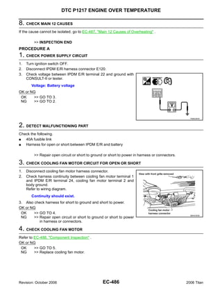 DTC P1217 ENGINE OVER TEMPERATURE

8. CHECK MAIN 12 CAUSES
If the cause cannot be isolated, go to EC-487, "Main 12 Causes of Overheating" .

         >> INSPECTION END
PROCEDURE A
1. CHECK POWER SUPPLY CIRCUIT
1.   Turn ignition switch OFF.
2.   Disconnect IPDM E/R harness connector E120.
3.   Check voltage between IPDM E/R terminal 22 and ground with
     CONSULT-II or tester.
        Voltage: Battery voltage
OK or NG
 OK    >> GO TO 3.
 NG    >> GO TO 2.



                                                                                                   PBIB2067E



2. DETECT MALFUNCTIONING PART
Check the following.
G  40A fusible link
G  Harness for open or short between IPDM E/R and battery

         >> Repair open circuit or short to ground or short to power in harness or connectors.

3. CHECK COOLING FAN MOTOR CIRCUIT FOR OPEN OR SHORT
1.   Disconnect cooling fan motor harness connector.
2.   Check harness continuity between cooling fan motor terminal 1
     and IPDM E/R terminal 24, cooling fan motor terminal 2 and
     body ground.
     Refer to wiring diagram.
        Continuity should exist.
3. Also check harness for short to ground and short to power.
OK or NG
 OK     >> GO TO 4.
                                                                                                   BBIA0363E
 NG     >> Repair open circuit or short to ground or short to power
           in harness or connectors.

4. CHECK COOLING FAN MOTOR
Refer to EC-488, "Component Inspection" .
OK or NG
 OK      >> GO TO 5.
 NG      >> Replace cooling fan motor.




Revision: October 2006                            EC-486                                         2006 Titan
 