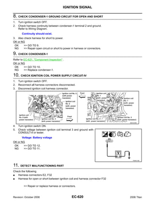 IGNITION SIGNAL

8. CHECK CONDENSER-1 GROUND CIRCUIT FOR OPEN AND SHORT
1.   Turn ignition switch OFF.
2.   Check harness continuity between condenser-1 terminal 2 and ground.
     Refer to Wiring Diagram.
        Continuity should exist.
3. Also check harness for short to power.
OK or NG
 OK     >> GO TO 9.
 NG     >> Repair open circuit or short to power in harness or connectors.

9. CHECK CONDENSER-1
Refer to EC-621, "Component Inspection" .
OK or NG
 OK      >> GO TO 10.
 NG      >> Replace condenser-1.

10. CHECK IGNITION COIL POWER SUPPLY CIRCUIT-IV
1.   Turn ignition switch OFF.
2.   Reconnect all harness connectors disconnected.
3.   Disconnect ignition coil harness connector.




                                                                               BBIA0359E

4.   Turn ignition switch ON.
5.   Check voltage between ignition coil terminal 3 and ground with
     CONSULT-II or tester.
        Voltage: Battery voltage
OK or NG
 OK    >> GO TO 12.
 NG    >> GO TO 11.



                                                                                  PBIB0138E



11. DETECT MALFUNCTIONING PART
Check the following.
G  Harness connectors E2, F32
G  Harness for open or short between ignition coil and harness connector F32

         >> Repair or replace harness or connectors.



Revision: October 2006                           EC-620                        2006 Titan
 