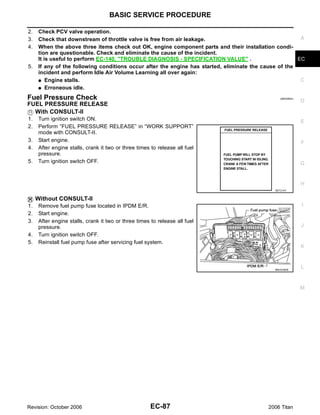 BASIC SERVICE PROCEDURE

2.   Check PCV valve operation.
3.   Check that downstream of throttle valve is free from air leakage.                                  A
4.   When the above three items check out OK, engine component parts and their installation condi-
     tion are questionable. Check and eliminate the cause of the incident.
     It is useful to perform EC-140, "TROUBLE DIAGNOSIS - SPECIFICATION VALUE" .                       EC
5.   If any of the following conditions occur after the engine has started, eliminate the cause of the
     incident and perform Idle Air Volume Learning all over again:
     G Engine stalls.                                                                                   C
     G Erroneous idle.

Fuel Pressure Check                                                                             UBS00NAJ
                                                                                                           D
FUEL PRESSURE RELEASE
  With CONSULT-II
1.   Turn ignition switch ON.                                                                              E
2.   Perform “FUEL PRESSURE RELEASE” in “WORK SUPPORT”
     mode with CONSULT-II.
3.   Start engine.                                                                                         F
4.   After engine stalls, crank it two or three times to release all fuel
     pressure.
5.   Turn ignition switch OFF.                                                                             G


                                                                                                           H
                                                                                             SEF214Y


     Without CONSULT-II
1.   Remove fuel pump fuse located in IPDM E/R.                                                            I
2.   Start engine.
3.   After engine stalls, crank it two or three times to release all fuel
     pressure.                                                                                             J
4.   Turn ignition switch OFF.
5.   Reinstall fuel pump fuse after servicing fuel system.
                                                                                                           K



                                                                                             BBIA0380E
                                                                                                           L



                                                                                                           M




Revision: October 2006                                EC-87                                2006 Titan
 