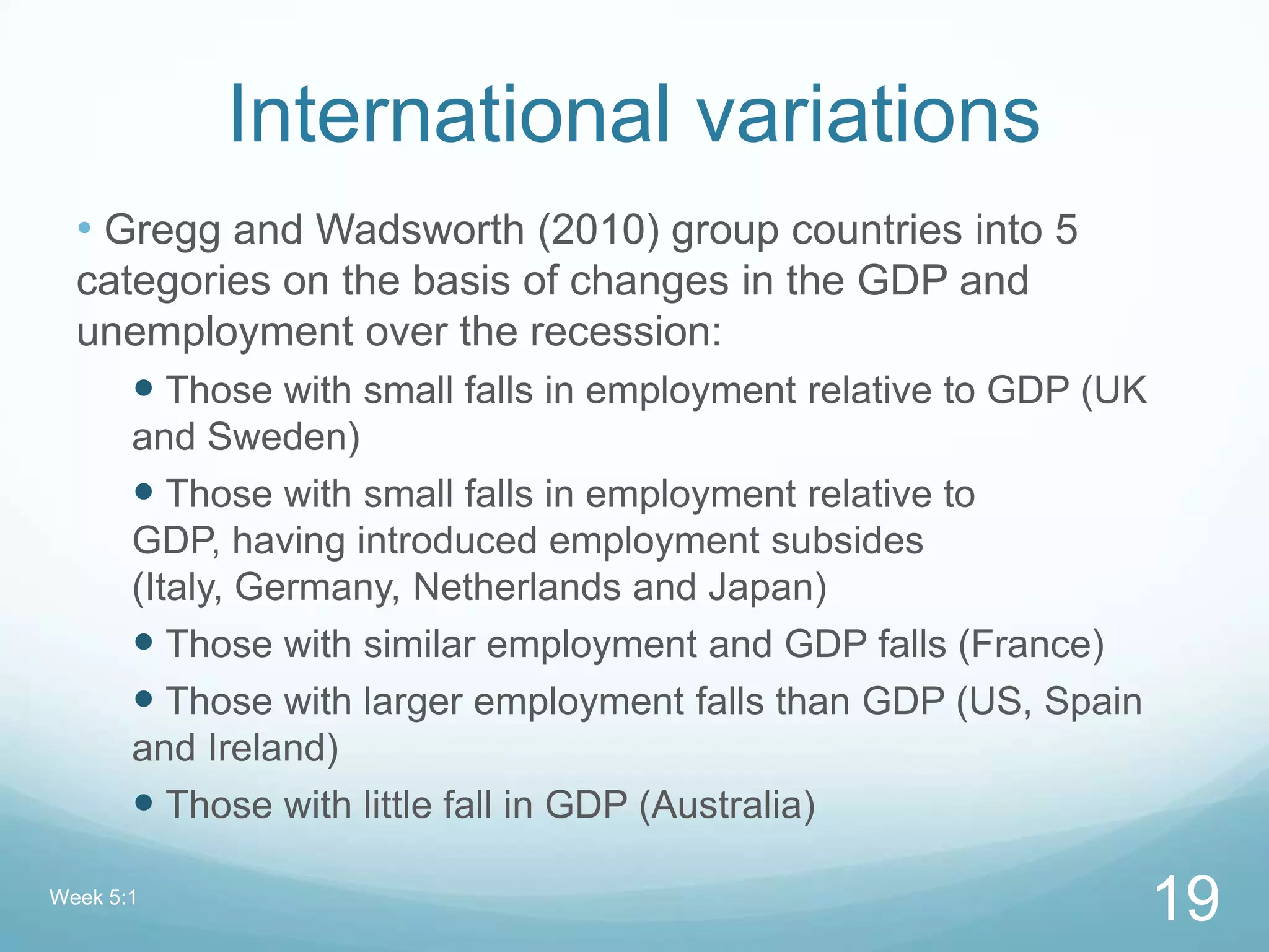 International variations
• Gregg and Wadsworth (2010) group countries into 5
categories on the basis of changes in the GDP and
unemployment over the recession:
 Those with small falls in employment relative to GDP (UK
and Sweden)
 Those with small falls in employment relative to
GDP, having introduced employment subsides
(Italy, Germany, Netherlands and Japan)
 Those with similar employment and GDP falls (France)
 Those with larger employment falls than GDP (US, Spain
and Ireland)
 Those with little fall in GDP (Australia)
Week 5:1
19
 