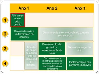 Ano 1 Ano 2 Ano 3
Conscientização e
uniformização do
conceito
Disseminação e consolidação do conceito
(continuação)
Criação
do grupo
de estudo
(time de
empreend
e-
dorismo)
Primeiro ciclo de
geração e
implementação de
ideias
Revisões e segundo
ciclo
Alinhamen
to com
Alta
gestão
Discussões sobre
iniciativas para gerar
ambiente propício ao
empreendedorismo
corporativo
Implementação das
primeiras iniciativas
1
2
3
4
 